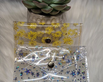 Clear coin purse, vynil coin pouch, coin purse wallet, coin purse with snap button, star coin purse, sunflower spring coin wallet,coin pouch