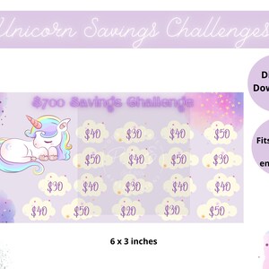 May include: A printable &pound;700 savings challenge featuring a unicorn design. The challenge is divided into 16 squares with different pound sterling amounts. The printable is 6 inches by 3 inches and fits A5 and A6 cash envelopes.