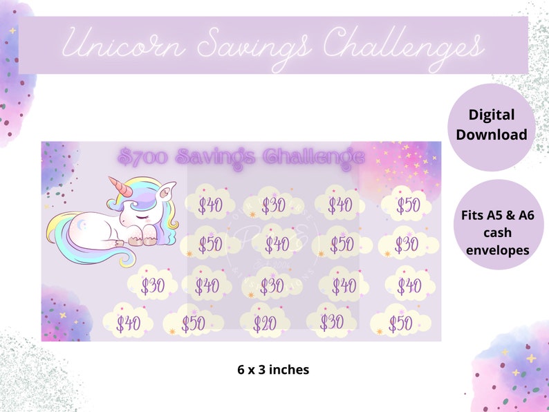 May include: A printable &pound;700 savings challenge featuring a unicorn design. The challenge is divided into 16 squares with different pound sterling amounts. The printable is 6 inches by 3 inches and fits A5 and A6 cash envelopes.