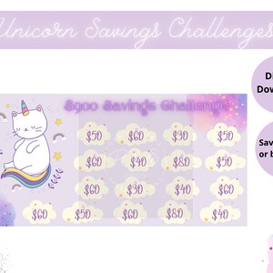 May include: A printable savings challenge chart featuring a cartoon unicorn cat with a rainbow tail. The chart is designed to help you save &pound;900 by saving weekly or bi-weekly. The chart includes a grid of clouds with different pound sterling amounts to track your savings.