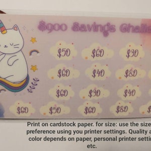 May include: A printable savings challenge chart featuring a unicorn cat illustration. The chart has 16 spaces for writing in dollar amounts. The text on the chart reads "&pound;900 Savings Challenge".
