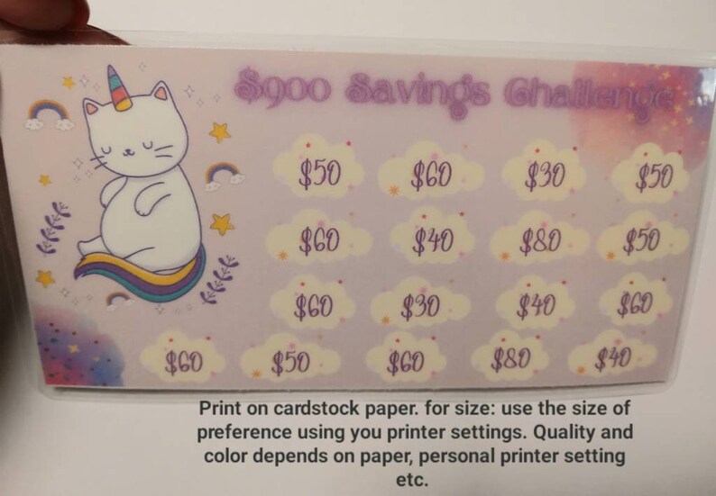 May include: A printable savings challenge chart featuring a unicorn cat illustration. The chart has 16 spaces for writing in dollar amounts. The text on the chart reads "&pound;900 Savings Challenge".