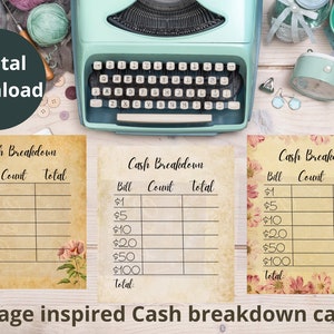 Cash breakdown card Printable teller cards Printable cash breakdown cards Digital cash breakdown card Cash envelopes teller card