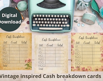 Cash breakdown card Printable teller cards Printable cash breakdown cards Digital cash breakdown card Cash envelopes teller card