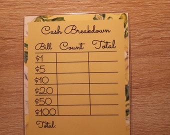 cash breakdown card laminated cash card teller card cash breakdown slip cash breakdown sheet cash envelopes cash breakdown teller slip