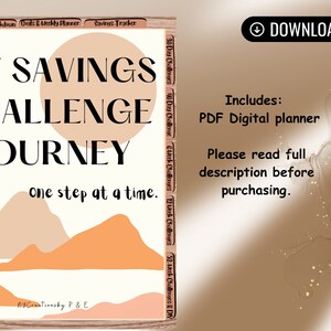 May include: A digital planner with a white background and a colorful abstract design. The planner is titled "My Savings Challenge Journey: One Step at a Time".