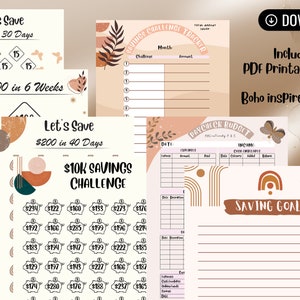 May include: A set of printable budget and savings trackers with a boho aesthetic. The trackers feature illustrations of butterflies, rainbows, and the sun. The text includes "Let's Save", "$10K Savings Challenge", "Paycheck Budget", and "Saving Goals".