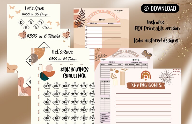 May include: A set of printable budget and savings trackers with a boho aesthetic. The trackers feature illustrations of butterflies, rainbows, and the sun. The text includes "Let's Save", "$10K Savings Challenge", "Paycheck Budget", and "Saving Goals".