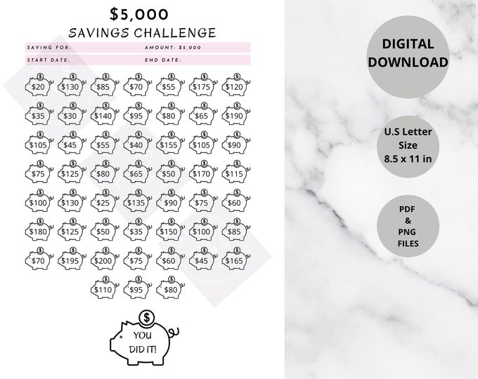 5000 savings challenge printable 5000 savings tracker 52 week challenge 5k savings piggy tracker printable emergency fund printable saving