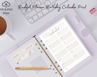 Minimalist Birthday Calendar, budget binder birthday calender planner digital print, a6 binder birthday calender tracker template