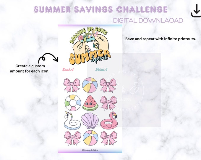 Summer savings tracker, rolling up summer spirit savings challenge, printable savings challenge, fun savings challenge, a6 digital savings