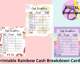 Printable cash breakdown card teller card cash breakdown slip cash breakdown sheet cash envelopes cash breakdown teller slip printable slip