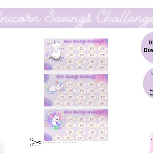May include: Three printable charts with a unicorn, cat, and unicorn theme. Each chart has a savings challenge with amounts from &pound;10 to &pound;50. The text reads "&pound;600 Savings Challenge", "&pound;700 Savings Challenge", and "&pound;800 Savings Challenge".