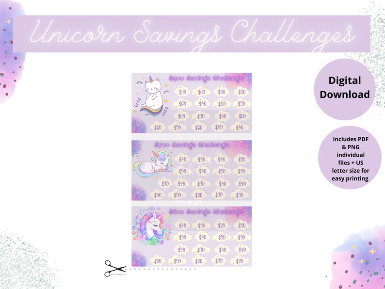 May include: Three printable charts with a unicorn, cat, and unicorn theme. Each chart has a savings challenge with amounts from &pound;10 to &pound;50. The text reads "&pound;600 Savings Challenge", "&pound;700 Savings Challenge", and "&pound;800 Savings Challenge".