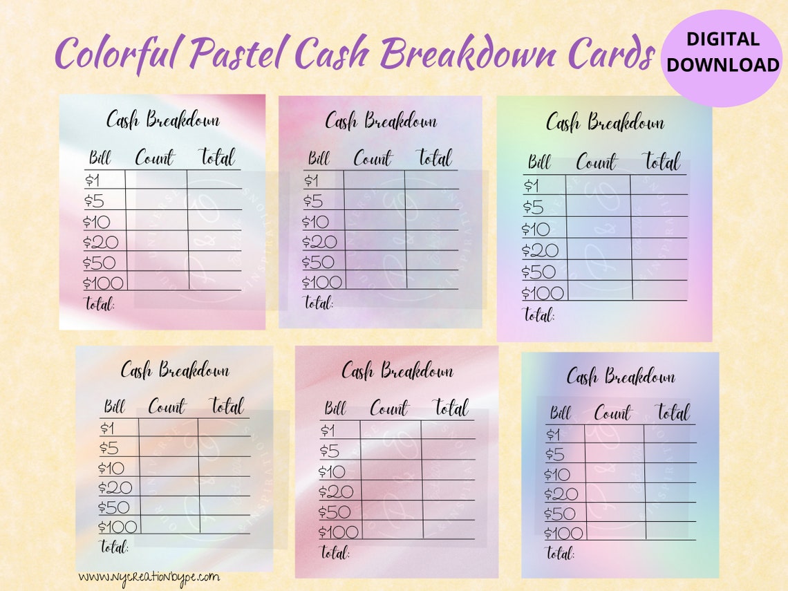 Cash Breakdown Card Printableteller Sheet Printable Tell Etsy
