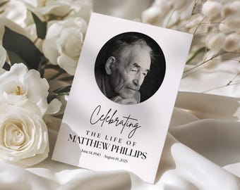 Plantilla de programa funerario minimalista, celebración de la vida editable, orden de servicio de Canva (digital)