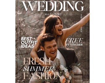 Puede incluir: Una portada de revista "WEDDING MAGAZINE" con el titular "FRESH SUMMER FASHION". La imagen muestra a una pareja feliz, la mujer a la espalda del hombre. El texto adicional incluye "BEST OUTFIT IDEAS" y "FREE FT VOUCHER".