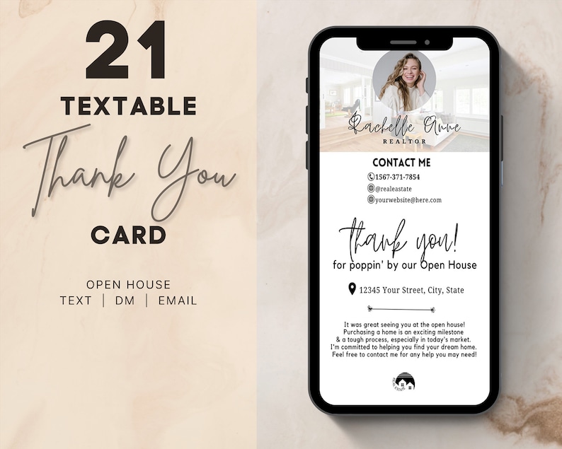 May include: A black and white thank you card for an open house. The card features a photo of a realtor, contact information, and the text "thank you! for poppin' by our Open House".