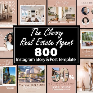 May include: A collage of Instagram story and post templates for real estate agents. The templates feature images of houses, a team of agents, and text such as "Coming Soon", "For Sale", "Seller Tips", and "Wanna Buy Your Dream House?" The templates are designed in a pink and white color scheme.