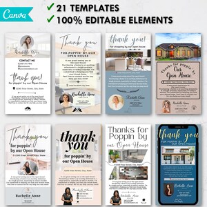 May include: A set of eight colourful thank you cards for real estate agents. The cards feature a variety of designs, including a house, a woman, and text that says "Thank you for poppin' by our open house".