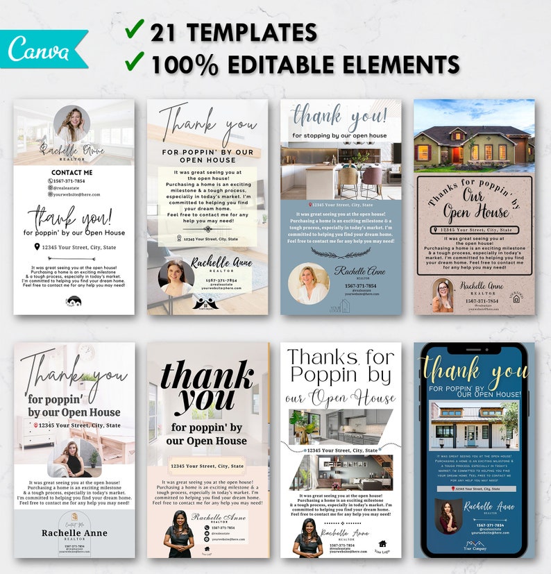 May include: A set of eight colourful thank you cards for real estate agents. The cards feature a variety of designs, including a house, a woman, and text that says "Thank you for poppin' by our open house".