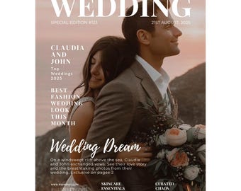 Puede incluir: Una portada de revista con el título "WEDDING" en letras blancas grandes. La portada presenta a una pareja abrazándose, con el texto "CLAUDIA AND JOHN" y "Wedding Dream". El texto adicional incluye "SPECIAL EDITION #123" y "21ST AUGUST, 2025."