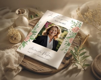 Red Floral Funeral Program Template Celebration of Life Memorial Program Foldable Obituary Template Order of Service Editable Canva Template