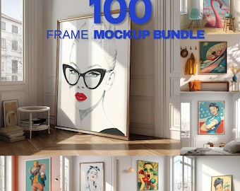 100 Wand Kunst Rahmen Mockup Vorlagen Bundle: Anpassbare Wandfarbe Retro Mid Century Modern Vintage Art Pack PSD Dateien Drucke & Poster