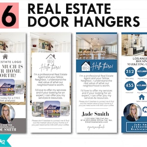 Pode incluir: Um conjunto de quatro porta-chaves para agentes imobiliários. Cada porta-chaves apresenta um esquema de cores azul e branco com um ícone de casa e o texto "Hello there!" Os porta-chaves incluem as informações de contato de um agente imobiliário chamado Jade Smith. Um porta-chaves apresenta uma atualização do mercado imobiliário de Los Angeles com estatísticas sobre novos anúncios, preço médio de lista, anúncios ativos, casas vendidas, preço médio de venda e dias médios no mercado.