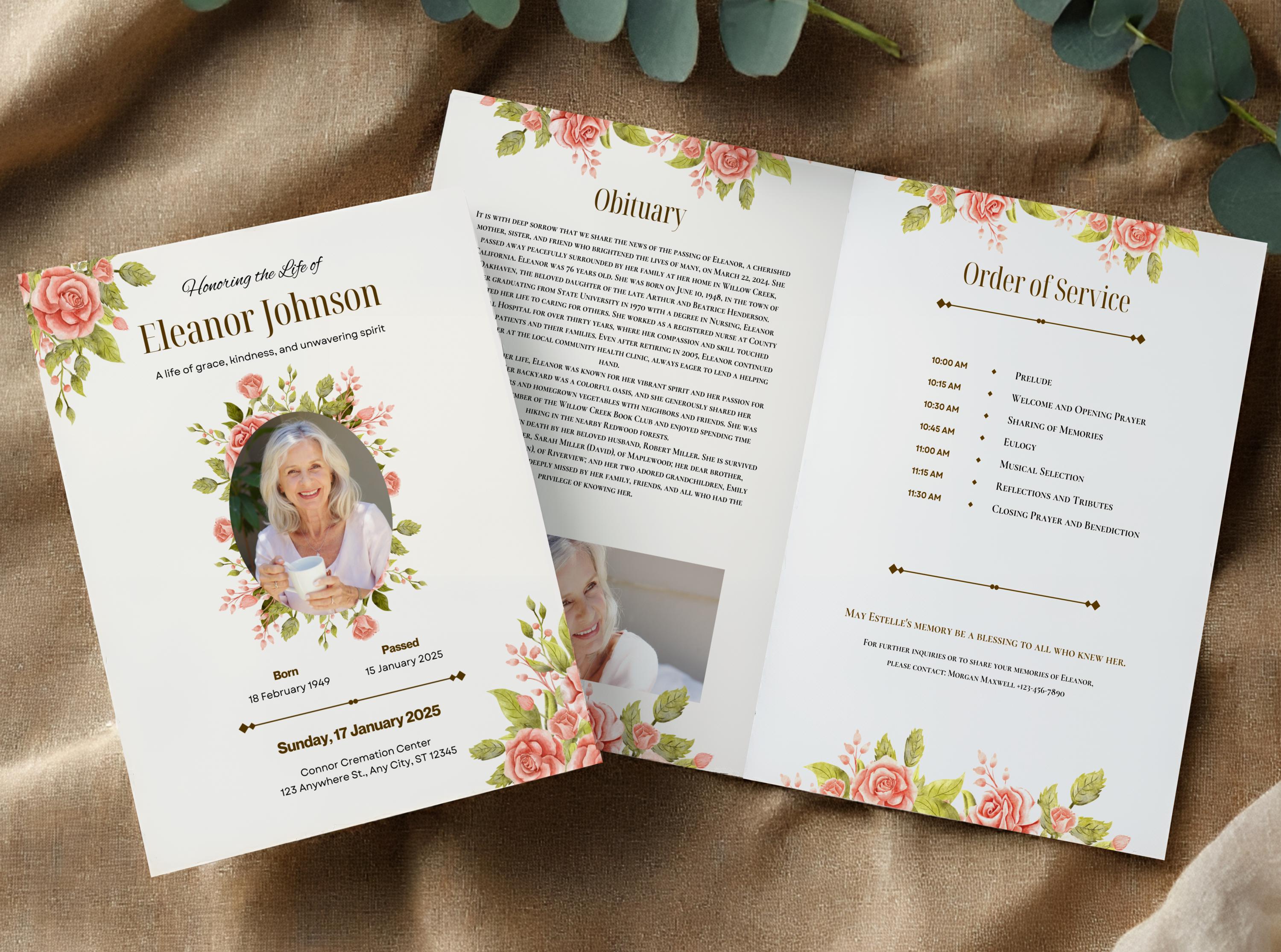 Watercolor Red Rose Funeral Program Template: Editable Celebration of ...
