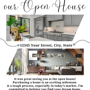 May include: An open house announcement from a real estate agent, featuring photos of a kitchen and living room. The text reads "Thanks for Poppin by our Open House" and includes the agent's name, phone number, and website address.