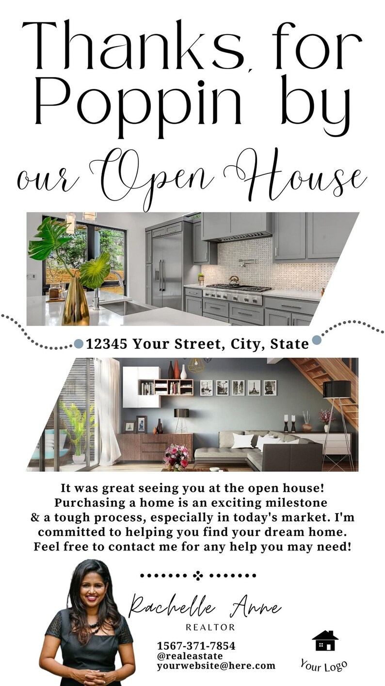 May include: An open house announcement from a real estate agent, featuring photos of a kitchen and living room. The text reads "Thanks for Poppin by our Open House" and includes the agent's name, phone number, and website address.