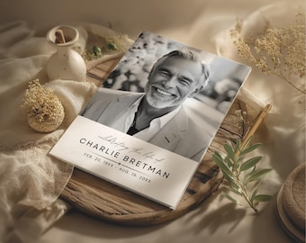 Plantilla de programa funerario minimalista, editable, para celebrar la vida, Canva (descarga digital)