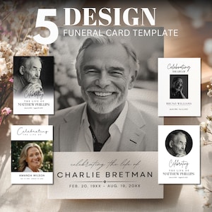 May include: A funeral card template design. The image shows five card designs with black and white portraits and the text "Celebrating the Life of" followed by names. The central card reads "Celebrating the life of Charlie Bretman".