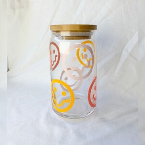 Cute Smiley Face, Happy Glass Can with Bamboo Lid