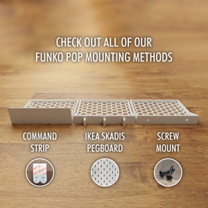May include: Three white plastic shelves with different mounting methods: Command strips, IKEA SKADIS pegboard, and screws. The text "CHECK OUT ALL OF OUR FUNKO POP MOUNTING METHODS" is at the top of the image.