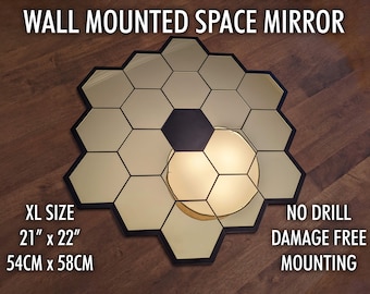 Space Telescope Wall Mount Mirror - Command Strip, Screw, DIY - Hexagon Modern Futuristic Design - Shatter Proof Reflective Decoration Piece