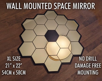 Space Telescope Wall Mount Mirror - Command Strip, Screw, DIY - Hexagon Modern Futuristic Design - Shatter Proof Reflective Decoration Piece