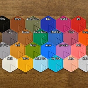 May include: A set of 20 hexagonal paint chips in various colors, including black, brown, army green, blue, fuchsia, red, gray, bronze, forest green, steel blue, plum, orange, light gray, gold, green, azure, lavender, pink, white, yellow, pastel blue, sky blue, beige, and marble.