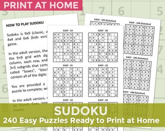 Sudoku Puzzles Printable Kids Adults 240 Easy 9x9