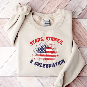Stars Stripes and Celebration USA Sweatshirt, Fourth of July Sweatshirt, America Sweatshirt, United States, America, Crewneck, USA Flag,