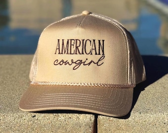 American Cowgirl Trucker Hat – Western Rodeo Hat, Country Girl Gift, USA Cowgirl Cap, Embroidered Tan Mesh Hat, Boho Rancher Baseball Cap