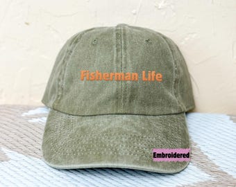 Sombrero de pescador bordado, regalo de pesca para esposo, sombrero de pescador, amante de los peces, sombrero de vida en barco, amante del lago, sombrero de pesca personalizado