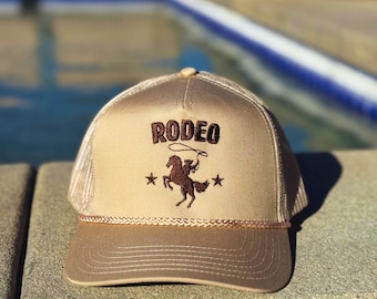 Cappello da camionista da rodeo: cappello da cowboy western, berretto da rodeo ricamato, cappello da concerto country, regalo da cowgirl, cappello vintage in rete marrone chiaro, berretto da rancher boho