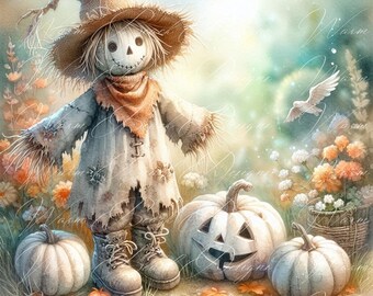 Watercolor Scarecrow Clip Art: Fall Harvest PNG, JPG (Digital Download)