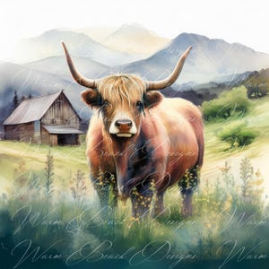 Highland Kuh PNG: Aquarell Kranz Schild, Herbst Design (Digitaler Download)