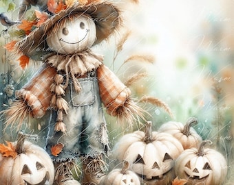 Watercolor Scarecrow Clip Art: Fall Harvest PNG, JPG (Digital Download)