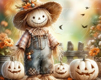Watercolor Scarecrow Clip Art: Fall Harvest PNG, JPG (Digital Download)