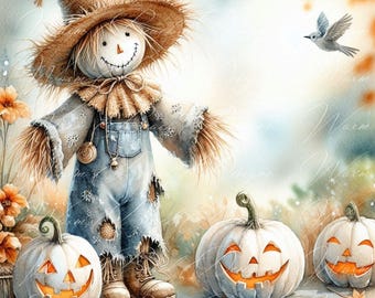 Watercolor Scarecrow Clip Art: Fall Harvest PNG, JPG (Digital Download)