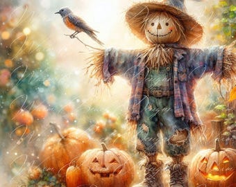 Watercolor Scarecrow Clip Art: Fall Harvest PNG, JPG (Digital Download)